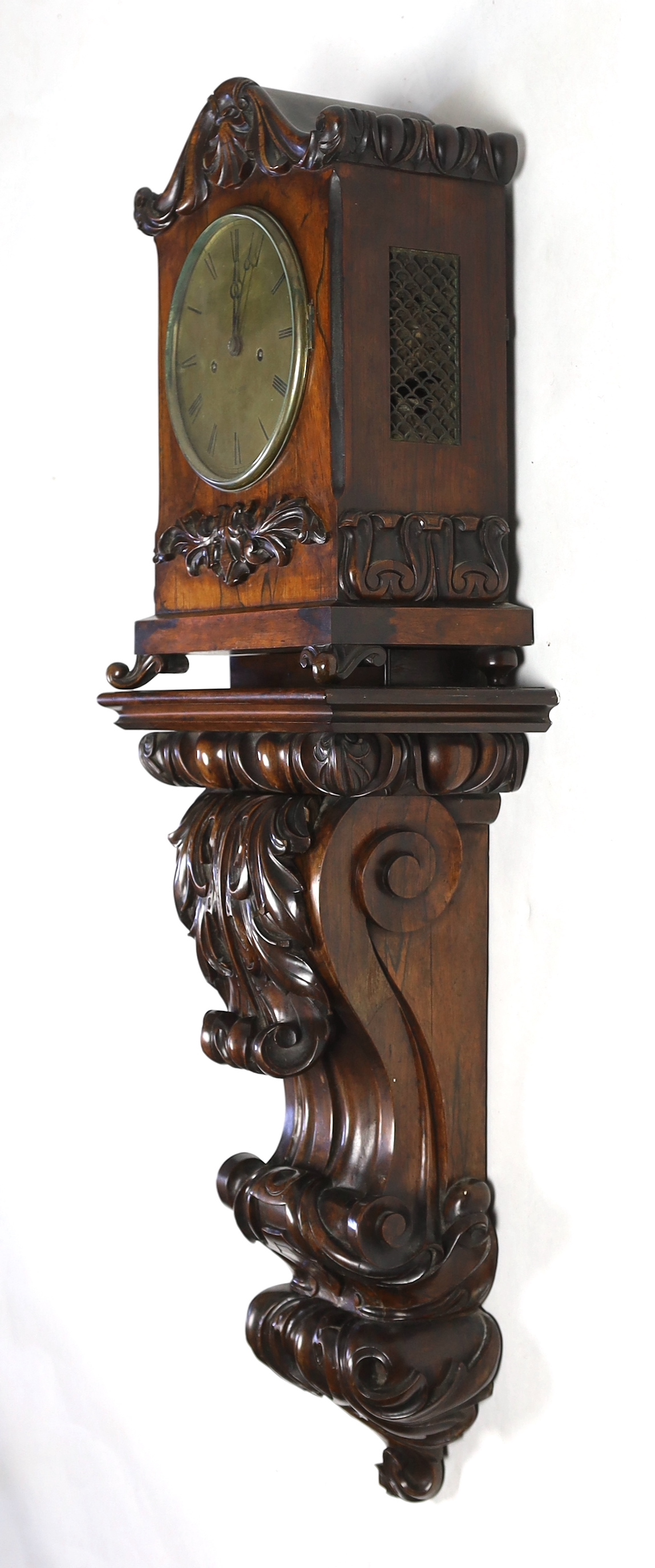 An unusual William IV rosewood wall clock, 39cm high, 22cm deep, overall 120cm high